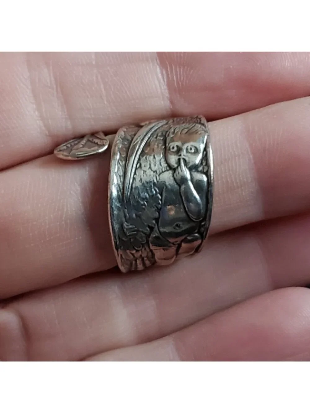 Vintage Sterling Silver Spoon Ring Sz 7 Stork Baby Boy RW&S